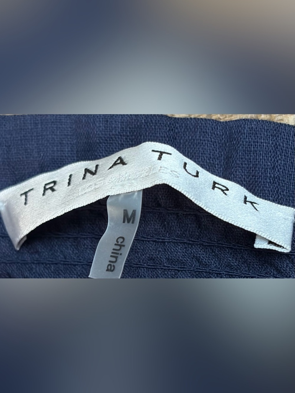 Trina Turk Off-Shoulder Navy Smocked Top with Multicolor Stitching - Picture 5 of 9